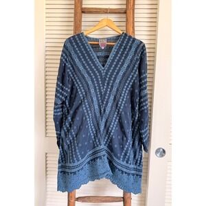 Johnny Was Tunic Top XL Blue Embroidered Eyelet V-Neck Cupra Rayon Boho
